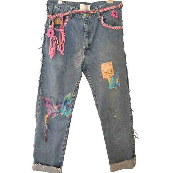 Upcycled One of a kind Distressed Patched Vintage lace Boyfriend Jeans Size 32 - Picture 1 of 10